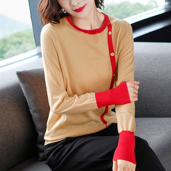 

autumn fashion button o-neck sweater shirt female stitching sweater pullover slim soft pullover women's knit top, White;black