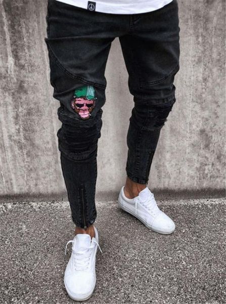 

men hip hop high-end tight slim fit zipper with holes pencil pants men's jeans slim fit, Blue