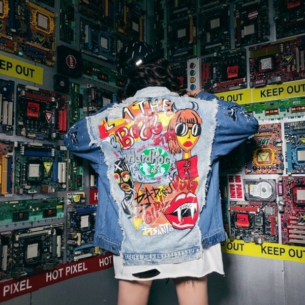 

hip hop jacket women autumn 2019 fashion new loose patch hole stitching irregular denim jacket ing, Black;brown