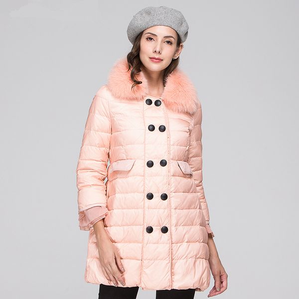 

women new 90% white duck down jacket female fashion three quarter sleeve parka real fur collar double breasted casual coat z380, Black