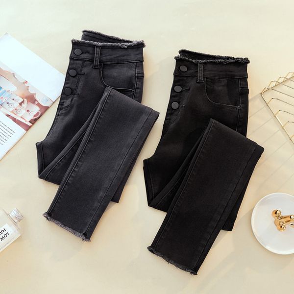 

new woman jeans single-breasted high waist elastic denim pencil pant for woman autumn spring 2020 female jean, Blue