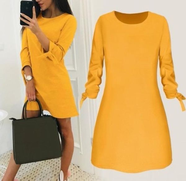 

women fashion o-neck solid bow elegant straight dress spring loose mini dresses 3/4 sleeve bow comfortable plus size, Black;gray