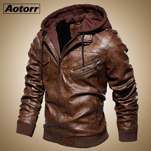 

men's leather jacket casual motorcycle removable hooded pu leather jacket 2019 new male zipper pu coat warm outerwear plus size, Black;brown