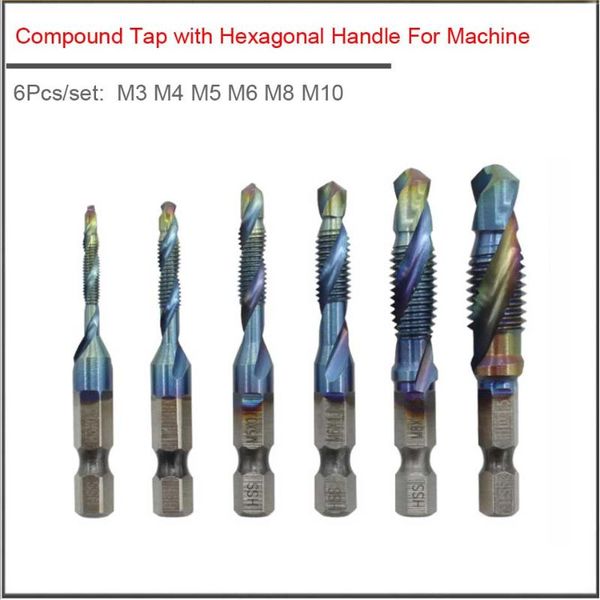 

6pcs/set m3 m4 m5 m6 m8 m10 hssscrew tap three in one compound tap with hexagon shank for drilling and tapping chamfering
