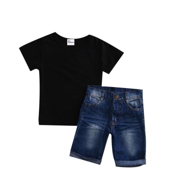 

2pcs newborn infant kids baby boys clothes black short sleeve t-shirt tee +blue pants sunsuit outfits set, White