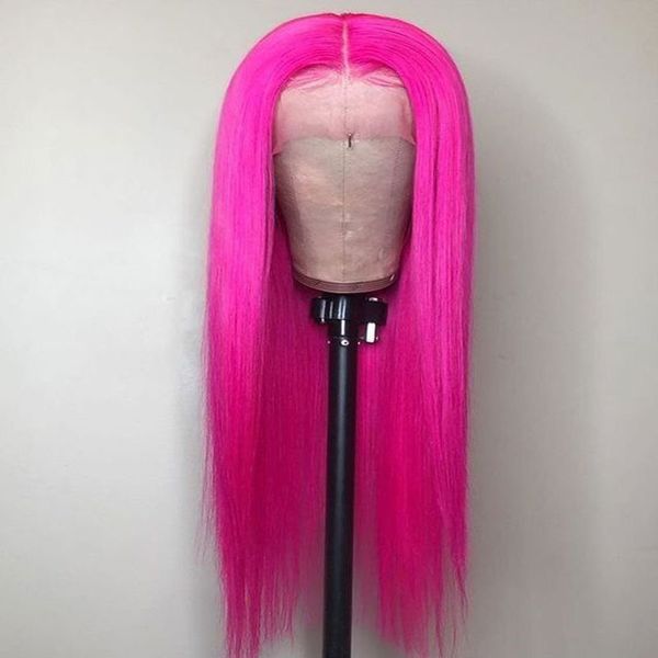 

purple pink straight hair synthetic lace front wig natural hairline heat resistant fiber hair middle parting for women, Black