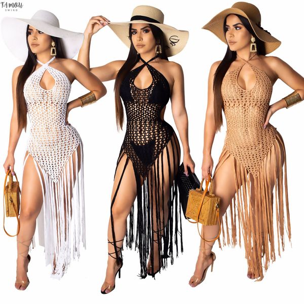 

long tassels knitted cover ups dresses halter string beach knit dress crocheted beach wear ankle length crochet maxi dress, Black;gray