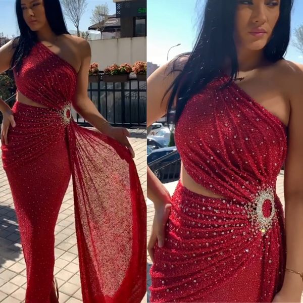

elegant sequins mermaid prom dress modest one shoulder evening dress party pageant gowns beaded special occasion dress dubai robes de soire, Black;red