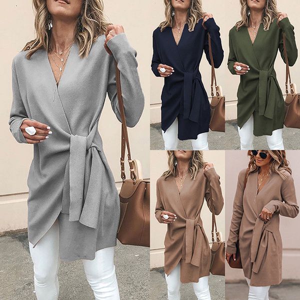 

spring autumn women solid long sleeve v-neck asymmetrical blend coats fashion casual elegant slim irregular lace up long blends, Black