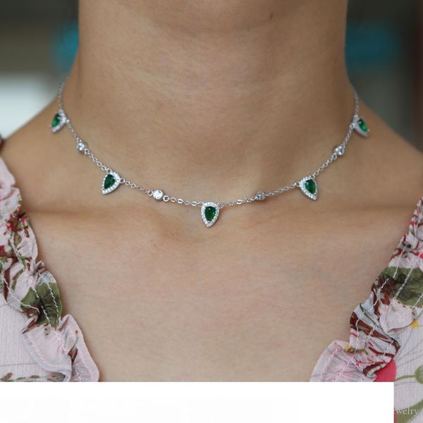 

35+10cm choker silver plated women necklace fashion jewelry water drop charm green emerald clear cz stone paved gorgeous women jewelry