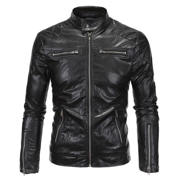 

aowofs 2018 new style england leather coat stand collar locomotive leather coat punk jacket y619, Black