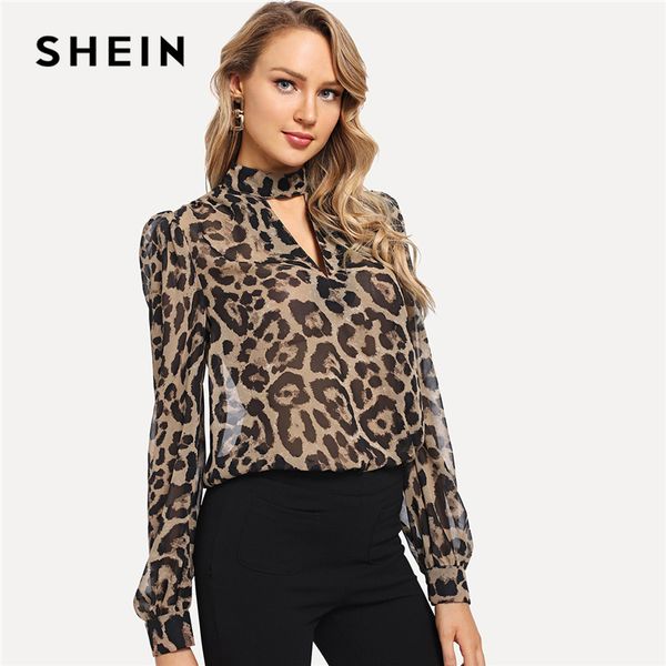 

шеин многоцветный офис леди колье шеи leopard печати вырезать длинный рукав блузка осень одежда мода женщины топы и блузки, White