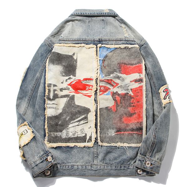 

mens vintage patch denim jacket distressed ripped hole jeans jacket oversized streetwear coat male r2213, Black;brown