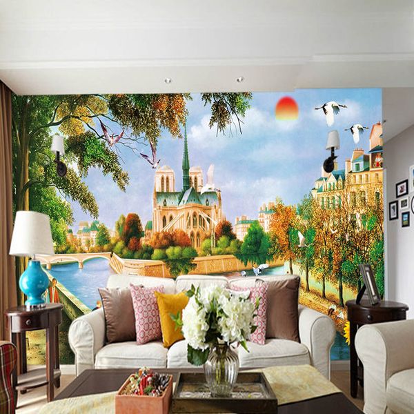 

european castle oil painting large mural wallpaper tv background living room sofa bedroom sunrise landscape mural papel de parede