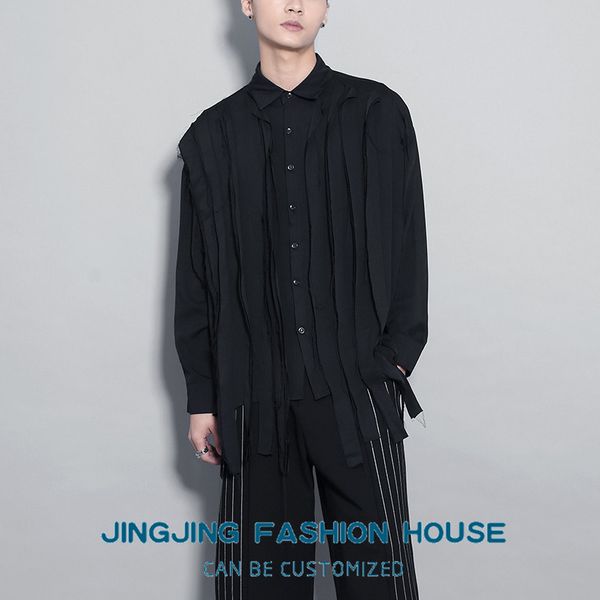 

men's casual shirts s-6xlstylish man original british spring personality tassel hem stitching design shirt men long sleeves, White;black