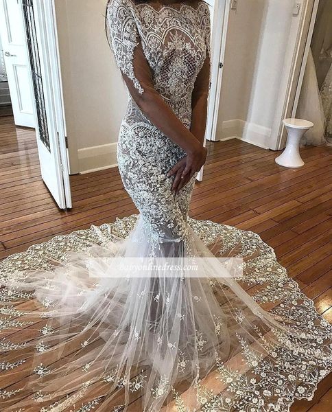 

long sleeves full lace mermaid wedding dresses vintage long sleeves bateau plus size african bridal gown, White