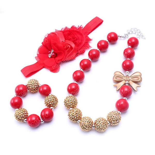 Collana di Natale di colore rosso Bracciale Set da 3 pezzi Regalo per festa di compleanno Per bambini Ragazze Bubblegum Baby Kid Collana robusta Gioielli