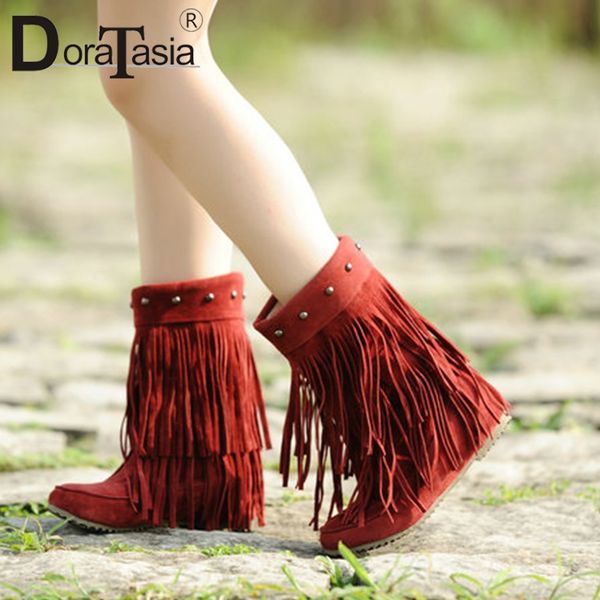 

doratasia dropship 34-43 ethnic fringe mid-calf boots women 2019 winter add warm fur boots casual rivet shoes woman, Black