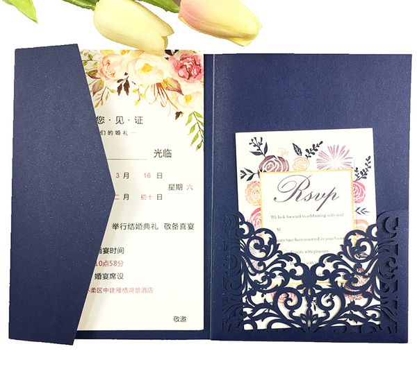 

drop shipping 50x gold/dark blue laser cut tri-fold wedding invitation cards kit personalized pocket invite customized rsvp