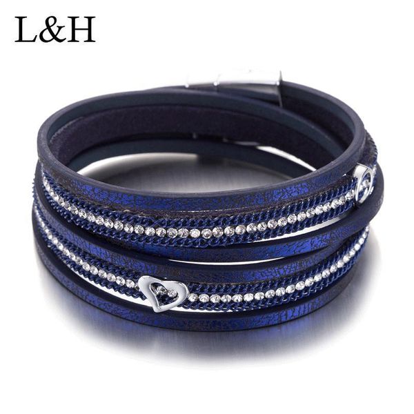 

double layer heart carved rhinestone suede slake deluxe leather wrap bracelets fashion jewelry for women pulseiras femininas, Golden;silver