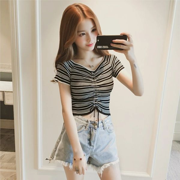 

summer 2020 hong kong-style t- clothes drawstring navel slim knit shirt short-sleeved t-shirt girls' cool clothes, White