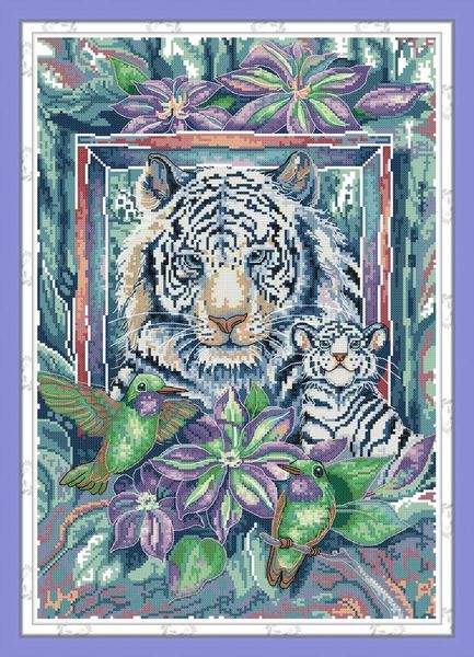 A m￣e e o filho do Tiger Cross Stitch Craft Borderys Bordwork Sets Counted Print on Canvas DMC 14CT 11CT Decora￧￣o de casa pinturas