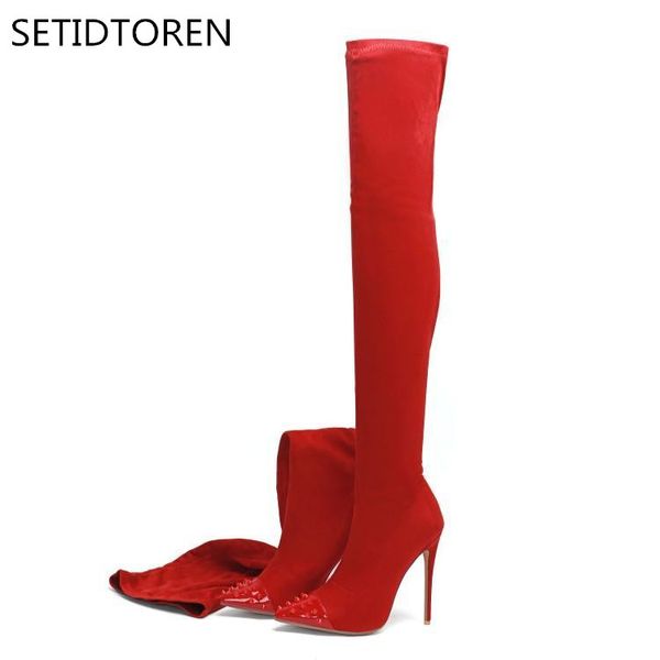 

fetish shoes woman stiletto botas red black stretch thigh high boots rivets over the knee long boots woman big size 34-46