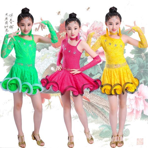 

new 2017 girls unequal lace latin dance dress children fancy dress kids ballroom dance wear salsa tango rumba samba costume, Black;red