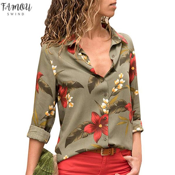 

2020 women blouses casual long sleeve blouse vintage floral print striped women shirts fashion loose leisure blusa, White