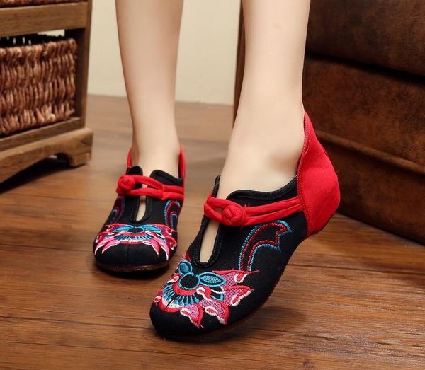 

black + red women shoes old beijing mary jane flats with casual shoes chinese style embroidered cloth woman plus size
