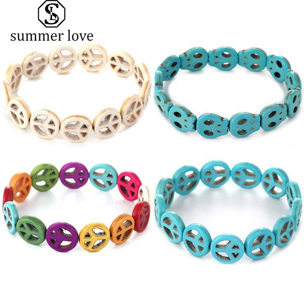 

natural stone turquoise peace skull charm bracelet for men women fashion designer handmade strand elstic bracelet jewelry gift, Black