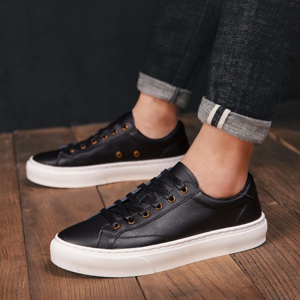 

fashion men shoes white men's casual shoes imitation genuine leather flat male sneakers tenis masculino adulto, Black