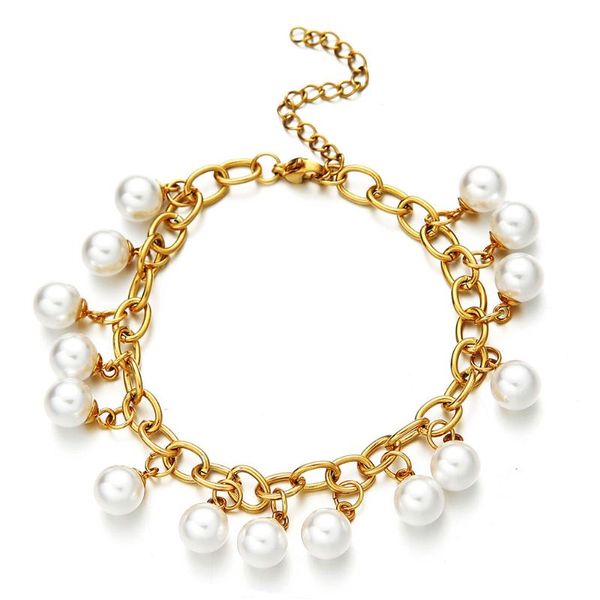 

new fashion stainless steel imitation pearl beads tassel charms bracelets for women birthday gift bride wedding jewelry, Golden;silver