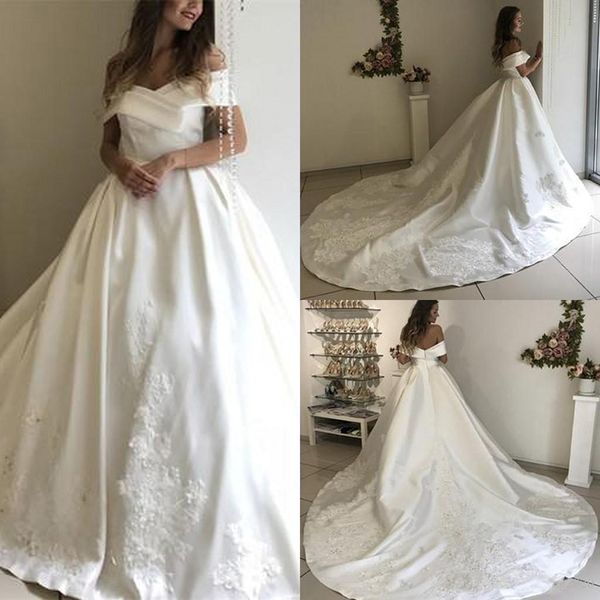 

New Fashion Wedding Dresses Off The Shoulder Sweep Train Satin Lace Mopping Long Wedding Gowns Bridal Dresses