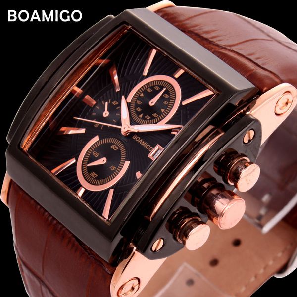 

boamigo men quartz watches brow leather strap auto date clock male fashion casual analog big man wristwatches relogio masculino, Slivery;brown