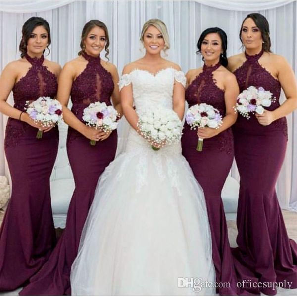 

burgundy mermaid bridesmaid dresses 2020 elegant arabic halter neck lace appliques wedding guest party dresses vestido de feista, White;pink