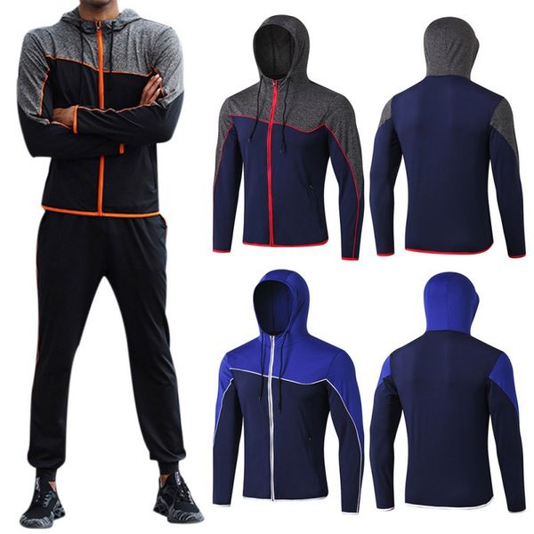 

men zipper slim coat & beam foot trousers breathable sports fitness suit pocket stretch quick drying hooded sweater long sleeve, White;black