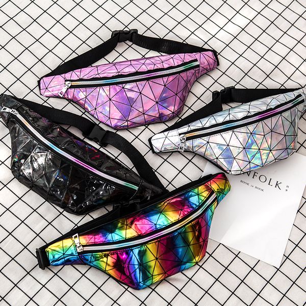 

Fa hion hologram rhomboid che t bag multi function ca ual outdoor port la er bag travel beach bling wai t bag tta501