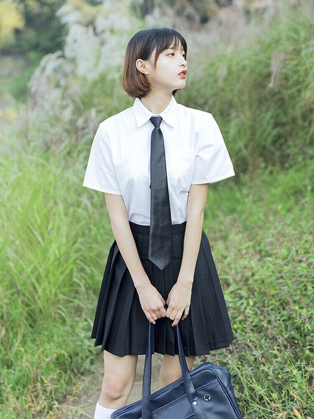 

japanese jk school uniform female summer suit white shirt skirt tie full set, Black;red