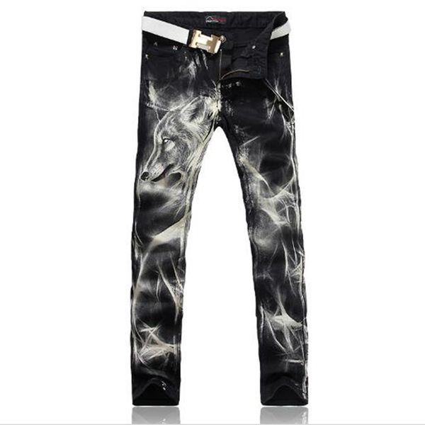 

nwt skinny jean men 2017 wolf printed 3d painting hip hop jeans male denim biker slim fit harem pants men jeans p39, Blue