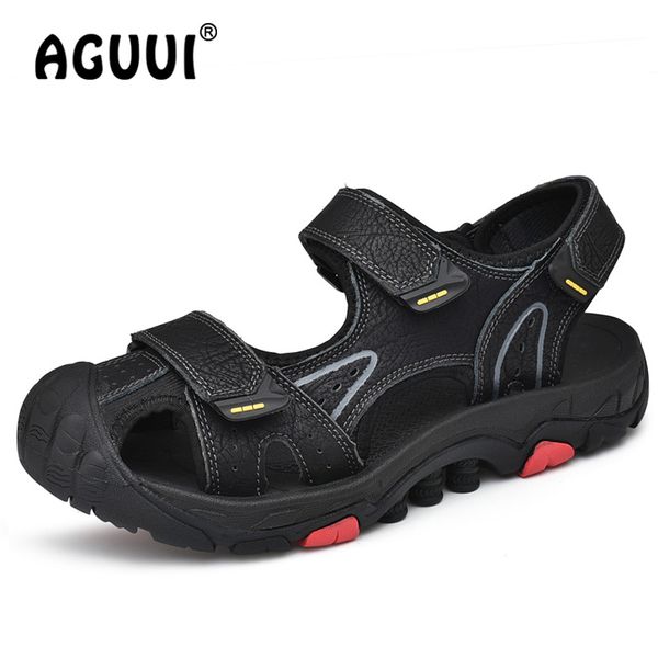 

men sandals size 38-46 summer cow leather toe protect beach sandalias male water diving wading upstream fisherman shoes, Black