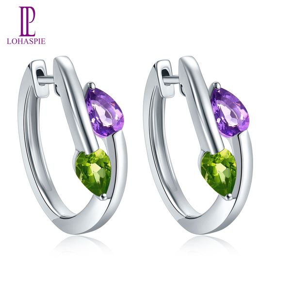 

hoop huggie earrings solid 925 sterling silver natural gemstone purple pear african amethyst green peridot fine jewelry women's sale, Black