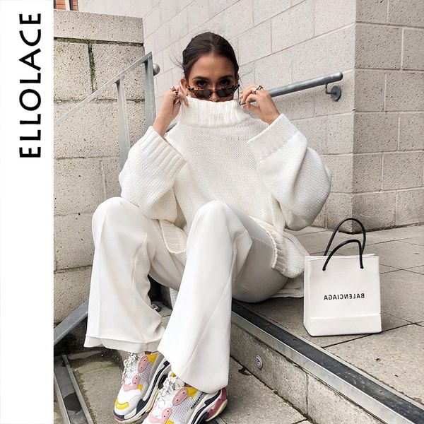 

ellolace turtleneck pollover sweater women's jumpers white long sleeve oversize knitted pull for women autumn winter new crochet, White;black