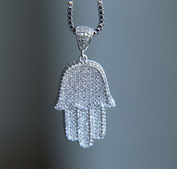 

hip hop hamsa hand charm necklaces 24inch women men couple gold silver color iced out statement pendant necklace with cz jewelry christmas