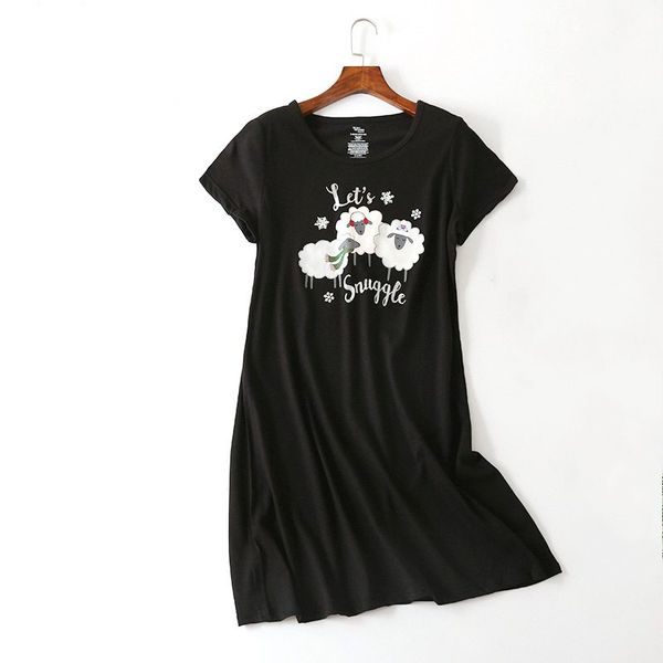 

2019 summer plus size female casual cartoon nighty dress ladies 100% cotton nightgown women short sleeve round collar sleepshirt, Black;red