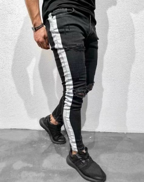 

slim zipper fly mens clothing fashion high street knee holes jeans knee holes jeans white striped designer black jeans, Blue