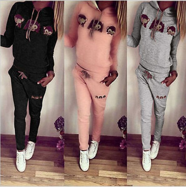 

monkey hooded cute suit set 2019 women tracksuit two-piece sport style outfit jogging sweatshirt fitness lounge sportwear, White