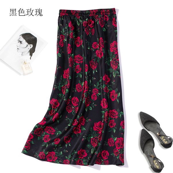 

women's 100% pure silk satin black floral fishtail midi pencil long skirt jn020-1