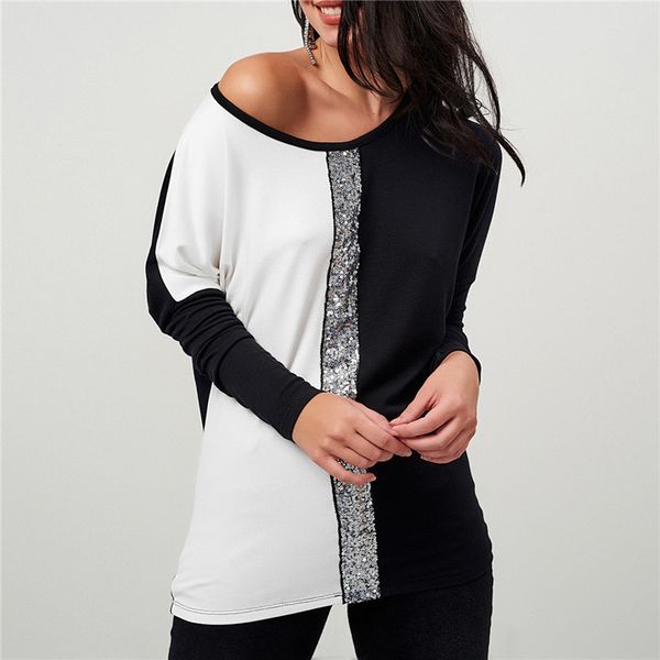 

ladies and blouses 2019 off shoulder long sleeve shirt sequined patchwork tunic casual loose plus size chemise femme, White
