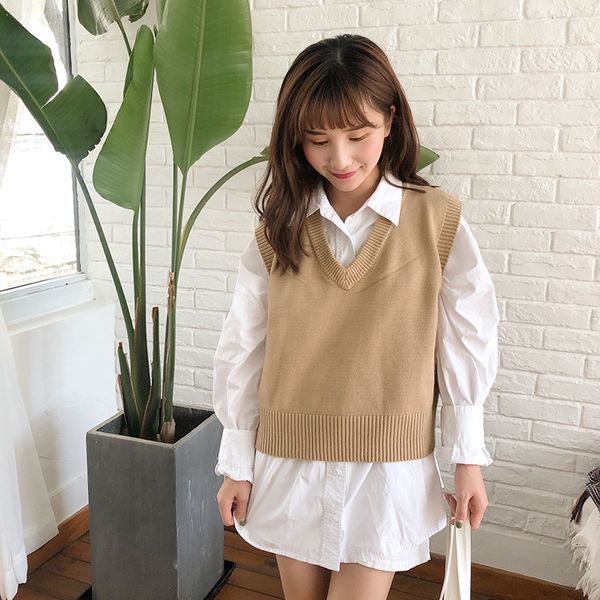 

autumn winter loose knitted women vest casual v-neck sleeveless sweater female pullovers knit warm knitting jumpers 2020, Black;white